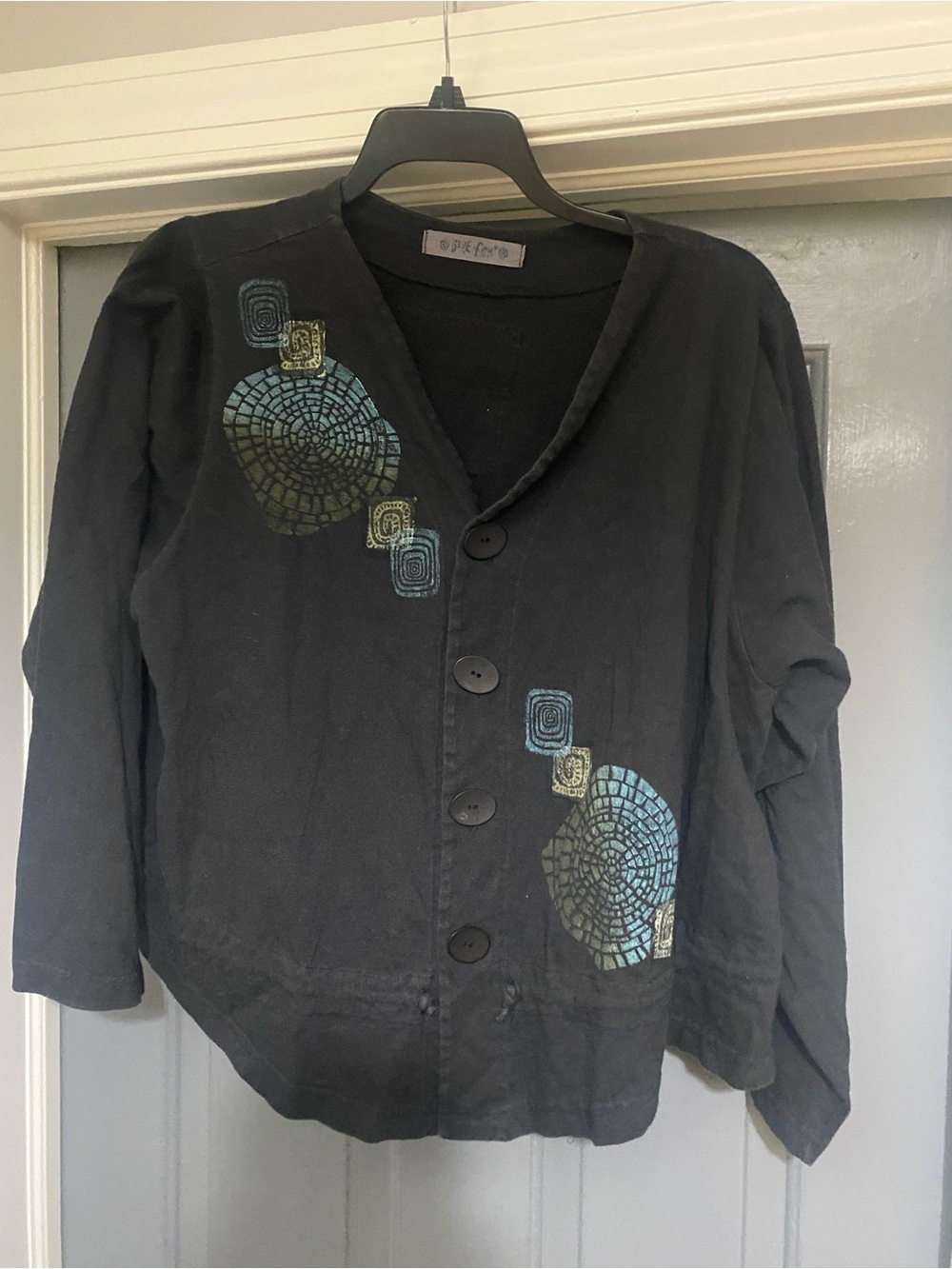 Blue Fish Black Button-Front Jacket with Teal and Gold Mosaic Embroidery
